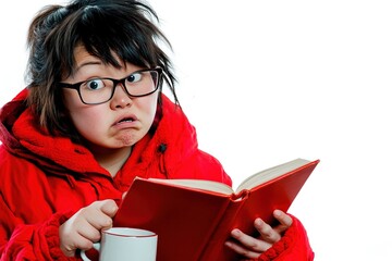 A surprised young person in a red jacket reading a book while holding a mug.