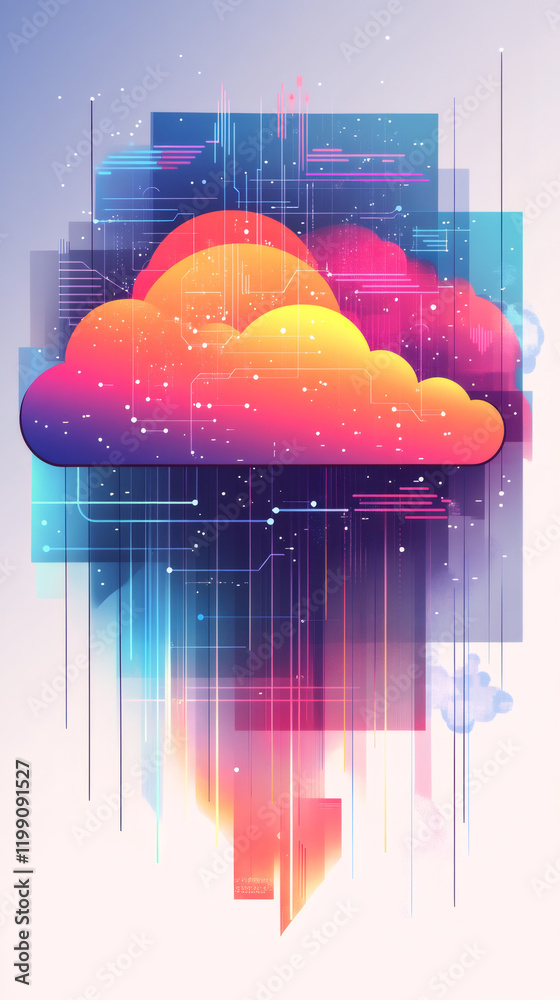 Poster Cloud computing transferring data through electronic circuits, with a colorful and futuristic design