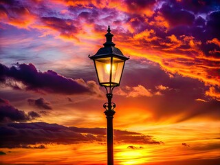Golden hour casts a dramatic silhouette on a vintage lamppost at sunset.