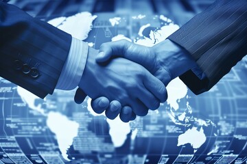 Business handshake over world map, symbolizing global partnership and agreement in finance and technology