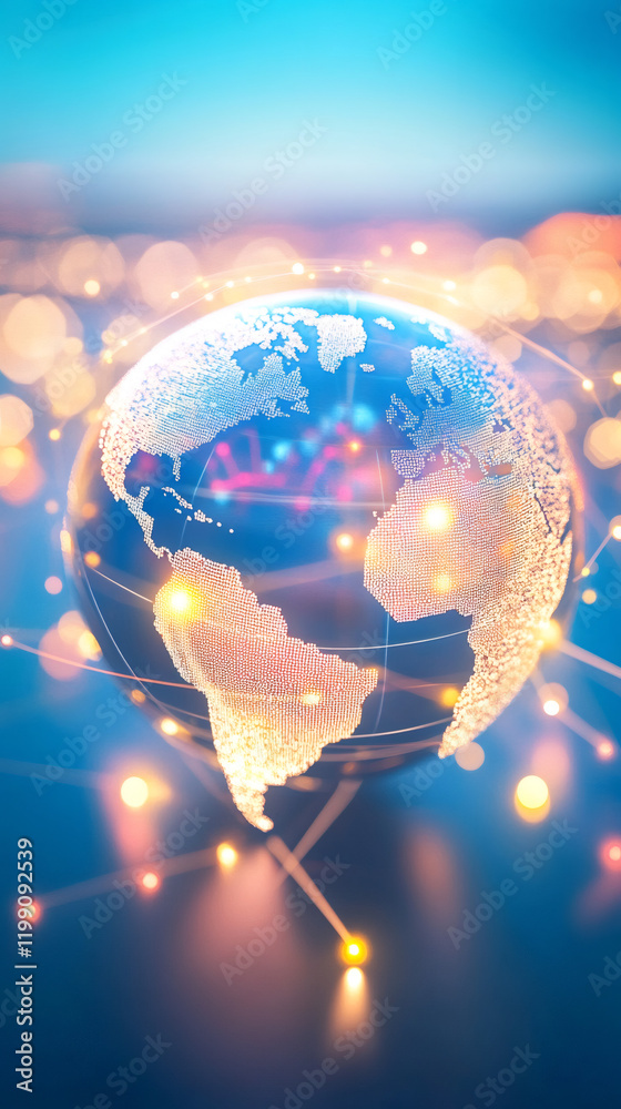 Poster Glowing planet spinning, networked connections representing global technological interconnectivity