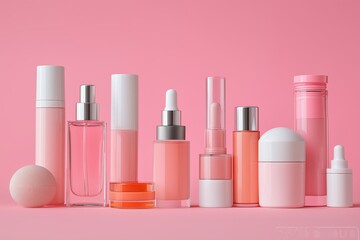 Artfully arranged pink cosmetic bottles and skincare products
