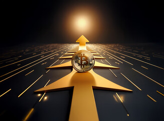 Golden Bitcoin sphere sits atop converging upward arrows, symbolizing growth and digital currency's future on a dark, technological background.  Bright light emanates from the distance.