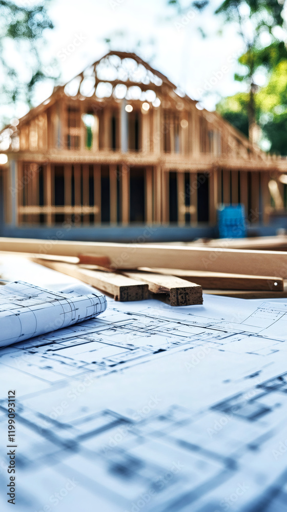 Poster blueprints and wood planks lying on table with wooden house frame being built in the background duri
