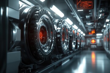 Fototapeta premium Futuristic and High-Tech Transport System with Sleek Metallic Wheels Inside a Streamlined Sci-Fi Environment, Showcasing Advanced Engineering and Innovation