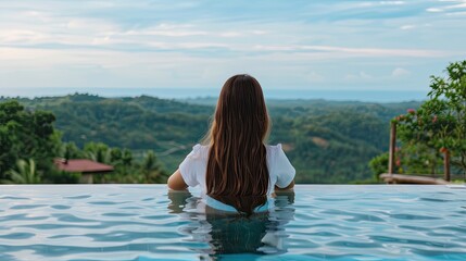 Fototapeta premium A young woman relaxes in a luxurious outdoor pool, taking in the stunning landscape view of a picturesque mountain village on a bright summer day