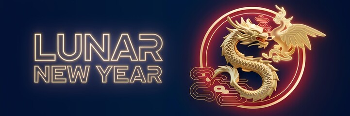 A creative minimalist 3D render of a neon-themed Lunar New Year poster. The poster contains the text "Lunar New Year" in a modern, bold font. There is a large, glowing red circle with a white stroke. 