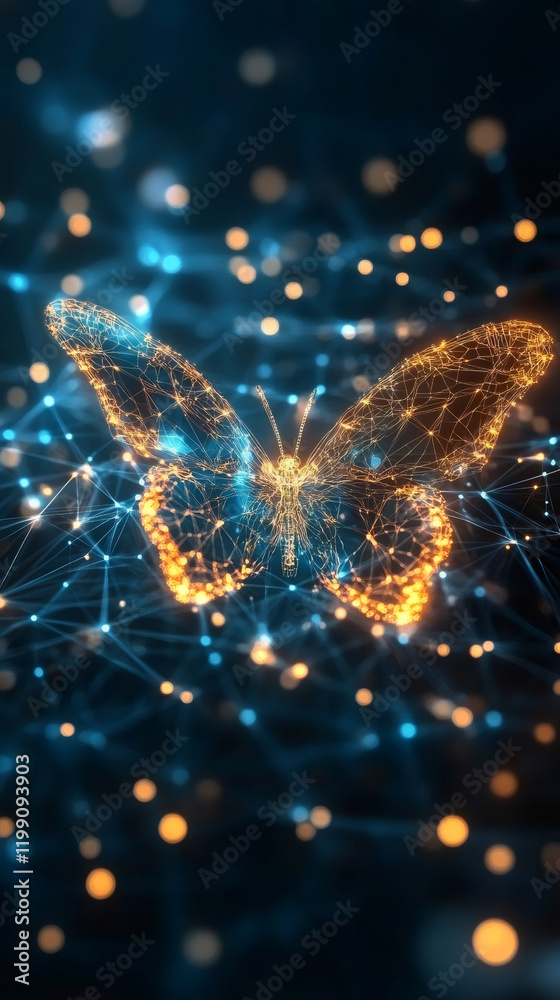 Aufkleber Glowing polygonal butterfly representing neural network technology, flying against dark background with interconnected digital lights and bokeh effect