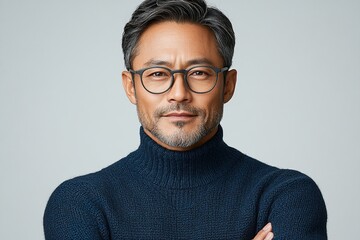 A confident man with glasses and a turtleneck sweater poses thoughtfully against a neutral background.