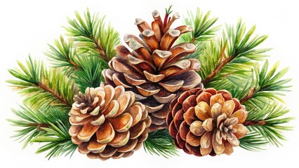 High-resolution watercolor pine cones. Hand-drawn branches and elegant brown cones. Stock photos.