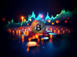 A glowing Bitcoin rests atop a pile of coins, set against a dynamic backdrop of vibrant, fluctuating graphs.  The scene evokes a sense of digital currency and financial trends.