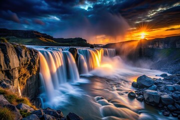 Iceland's Dettifoss roars under a night sky; powerful, dramatic waterfalls in low light.
