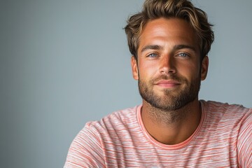 Obraz premium A smiling young man with tousled hair, wearing a casual striped shirt against a neutral background.