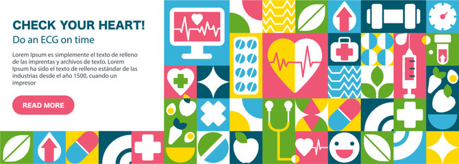 Medical Banner with Seamless Patterns. Heart Health, Nutrition, and a Healthy Lifestyle