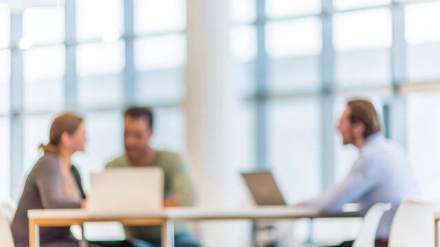 Colleagues Sharing Ideas in Open Office: Depicts coworkers discussing ideas in an open office space, with a blurred background highlighting the modern work environment.	
