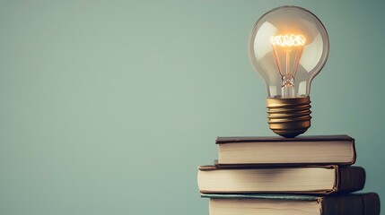 Illuminated Idea Glowing bulb atop books against a muted background, representing knowledge and inspiration for education or business