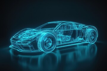 Naklejka premium Futuristic Blueprint of a High-Performance Sports Car in Neon Blue Glow on Dark Background, Showcasing Advanced Automotive Engineering and Design Concepts
