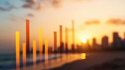 pension security risk concept. Sunset over a beach with abstract bar graph elements in the foreground, symbolizing growth and progress.