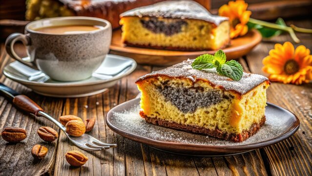 Indulge in Polish makovnik: layers of poppy seed cake, creamy custard, and rich coffee. Perfect breakfast or dessert.