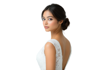 Elegant bride in a lace wedding dress, looking over shoulder, isolated on transparent background