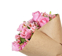 Bouquet of pink flowers (roses, alstroemeria) in craft paper wrapping cornet isolated on white or transparent background - obrazy, fototapety, plakaty