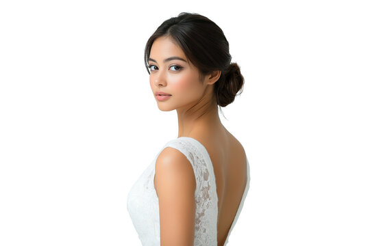Elegant bride in a lace wedding dress, looking over shoulder, isolated on transparent background