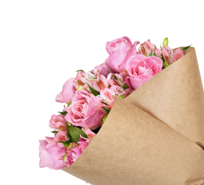 Bouquet of pink flowers (roses, alstroemeria) in craft paper wrapping cornet isolated on white or transparent background
