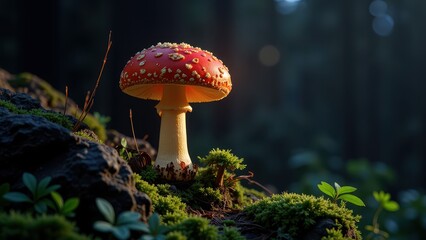 Fototapeta premium A radiant fly agaric mushroom, white-stemmed with a spotted red cap, perched elegantly on a moss-covered rock. Sunlight highlights its vibrant details