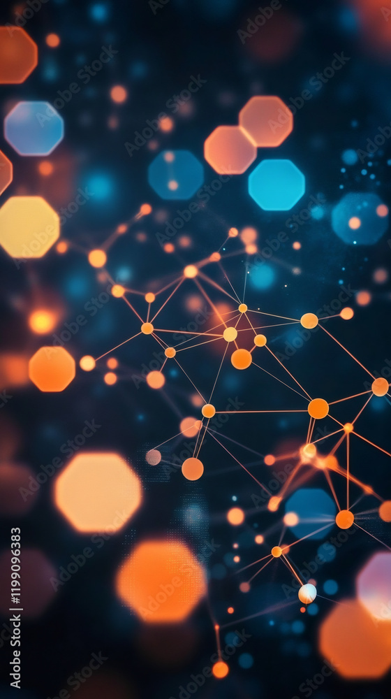 Poster Abstract network nodes connecting and glowing with a bokeh effect, representing digital communication and technology