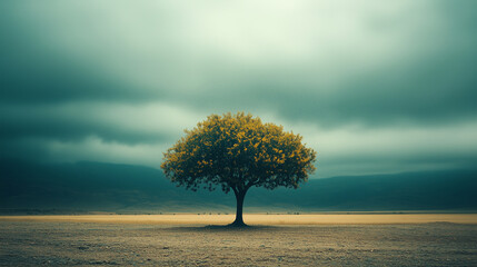 Lonely tree in expansive field under dramatic cloudy sky during late afternoon light. Generative AI