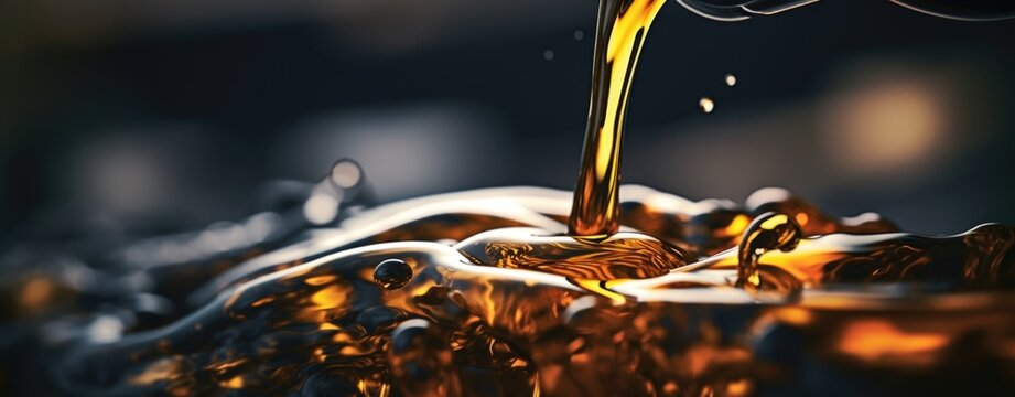 Golden motor oil is being poured into a car engine. The mechanical components are partially visible in the background, illuminated by warm lighting, creating an industrial yet focused environment