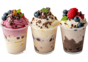 Sushi roll with salmon, avocado, and cream cheese, isolated on a transparent background - 4 ice cream cups with different flavors, white transparent background