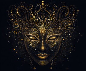 Intricate gold mask with sparkling details and mystical design illuminated against a dark background