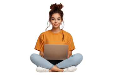 Smiling woman in yellow t shirt sitting cross-legged with laptop, isolated on transparent background