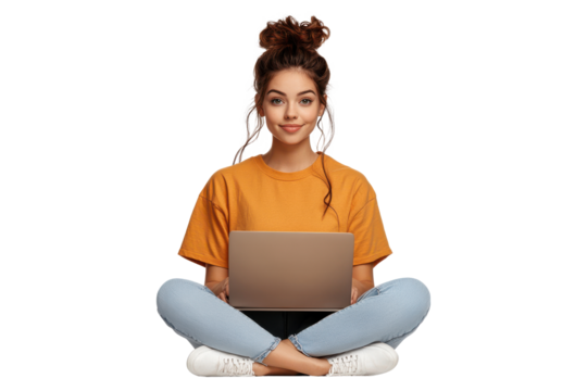 Smiling woman in yellow t shirt sitting cross-legged with laptop, isolated on transparent background