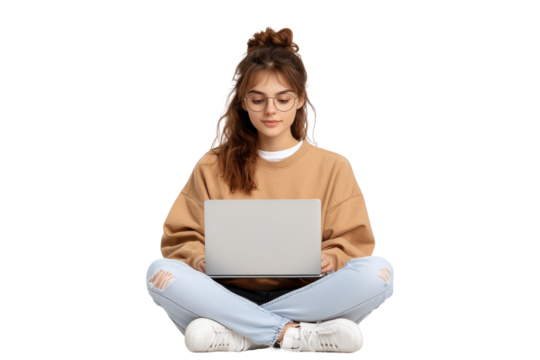 Young woman with glasses sitting cross legged using a laptop, isolated on transparent background - Powered by Adobe