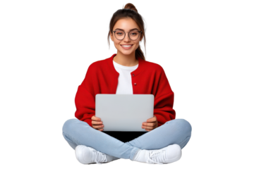 Smiling woman with glasses and red sweater using a laptop, isolated on transparent background