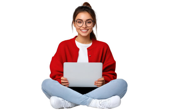 Smiling woman with glasses and red sweater using a laptop, isolated on transparent background