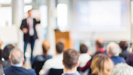 Business Conference Crowd – A blur of attendees at a business conference with a keynote speaker.	
