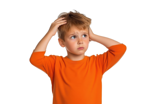 Little boy holding head in confusion, isolated on transparent background