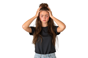 Young woman with long hair holding head in frustration, isolated on transparent background