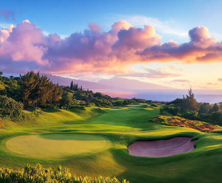 Majestic golf course at sunset overlooking ocean and mountains in paradise - Powered by Adobe
