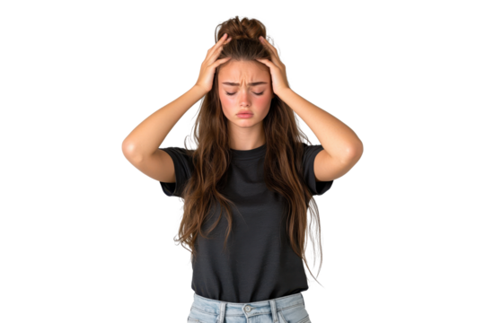 Young woman with long hair holding head in frustration, isolated on transparent background