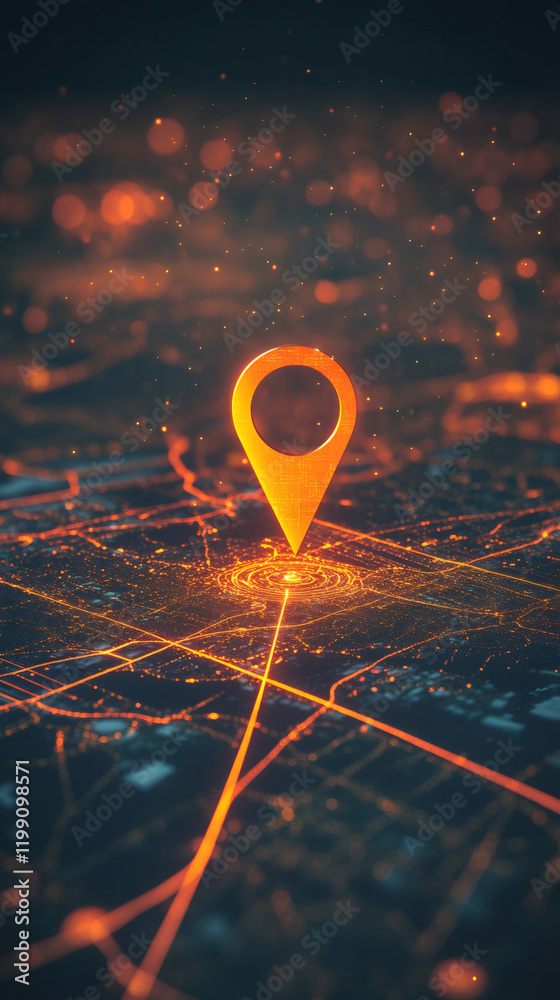 Poster location pin hovering above illuminated cityscape, highlighting digital navigation, geolocation tech