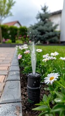 A sprinkler system is actively watering bright flowers and lush green grass in a well-maintained garden. The layout features a brick path, hedges, and flourishing trees under clear skies