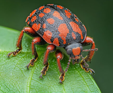 Brightly colored beetle resting on a green leaf in a natural environment showcasing intricate patterns and textures