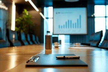 Clipboard and pen resting on conference room table with growing bar graph displayed on projector screen, suggesting a successful business meeting