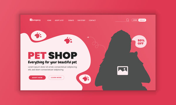 Pet healthcare, grooming, food shop, website landing page user interface design, and pet adopt website homepage hero section design template