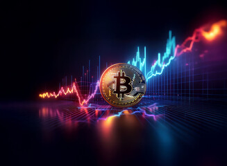 A glowing Bitcoin rests at the center of a dynamic, colorful graph illustrating cryptocurrency market volatility and price fluctuations.  The scene is dark and futuristic.