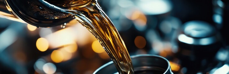 Golden motor oil is being poured into a car engine. The mechanical components are partially visible in the background, illuminated by warm lighting, creating an industrial yet focused environment